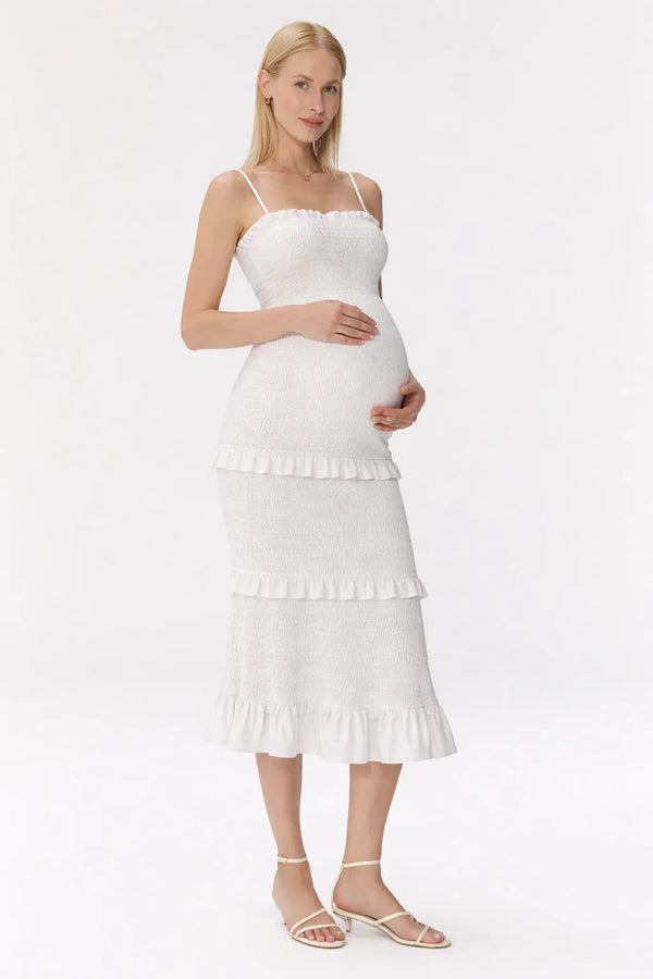 Midi maternity smocked dress with ruffles