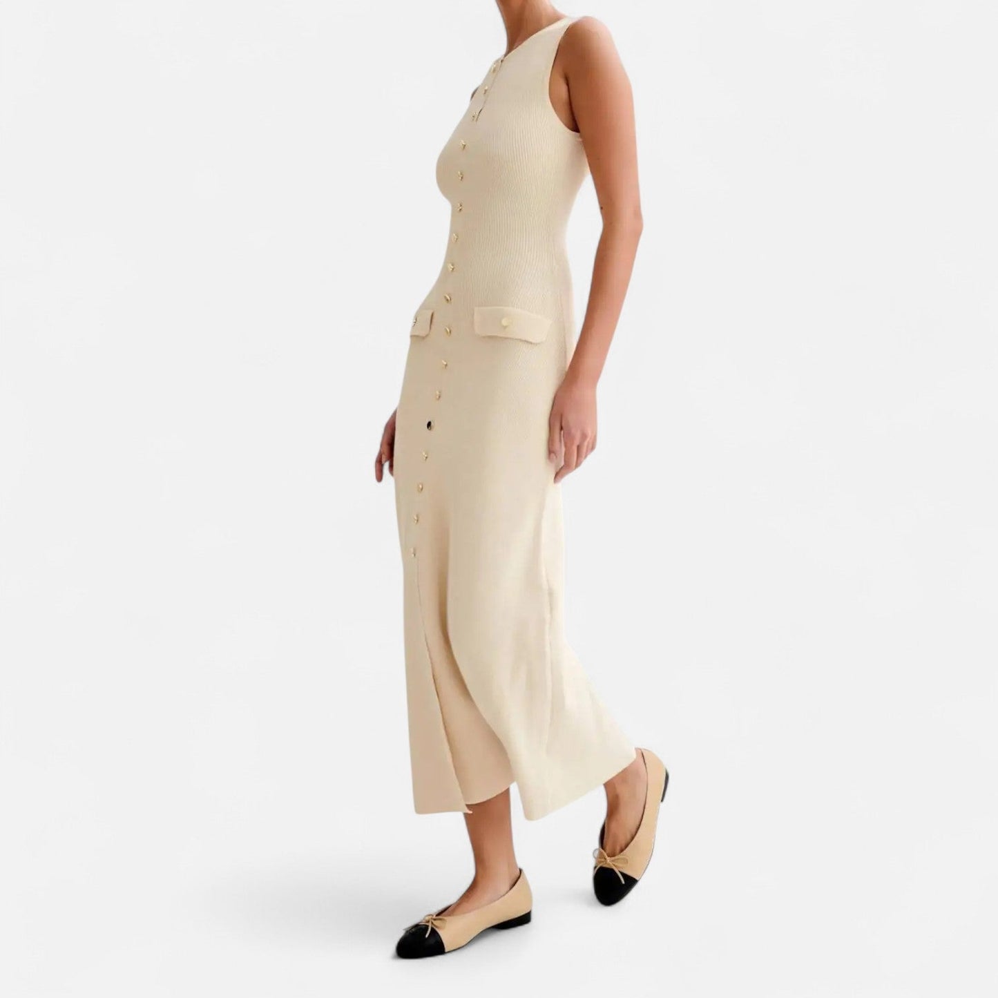 Ancient World | Long Knit Dress with Buttons for Women – Sleeveless Summer Elegance