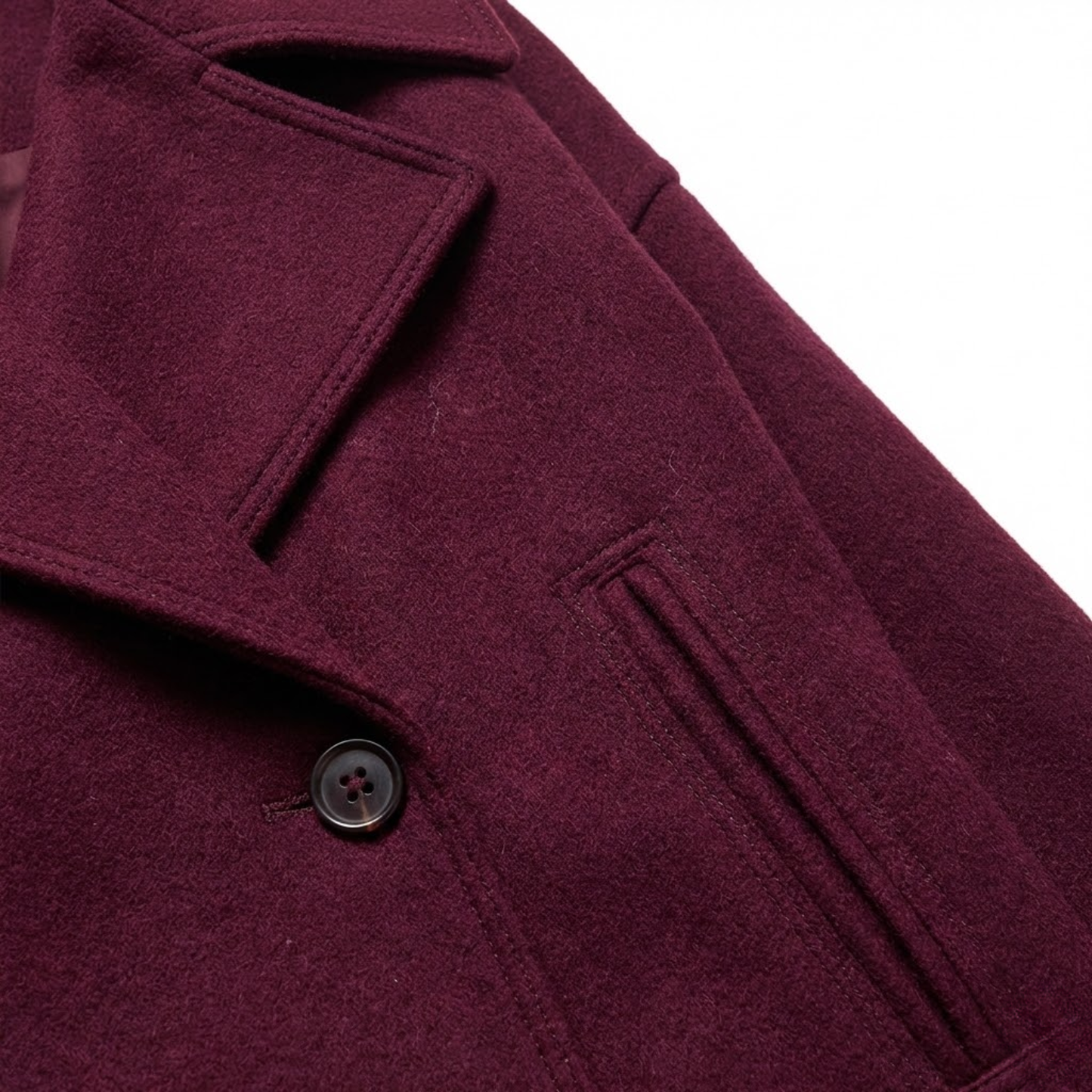 Short wool coat for women with double-breasted front and relaxed lapel collar