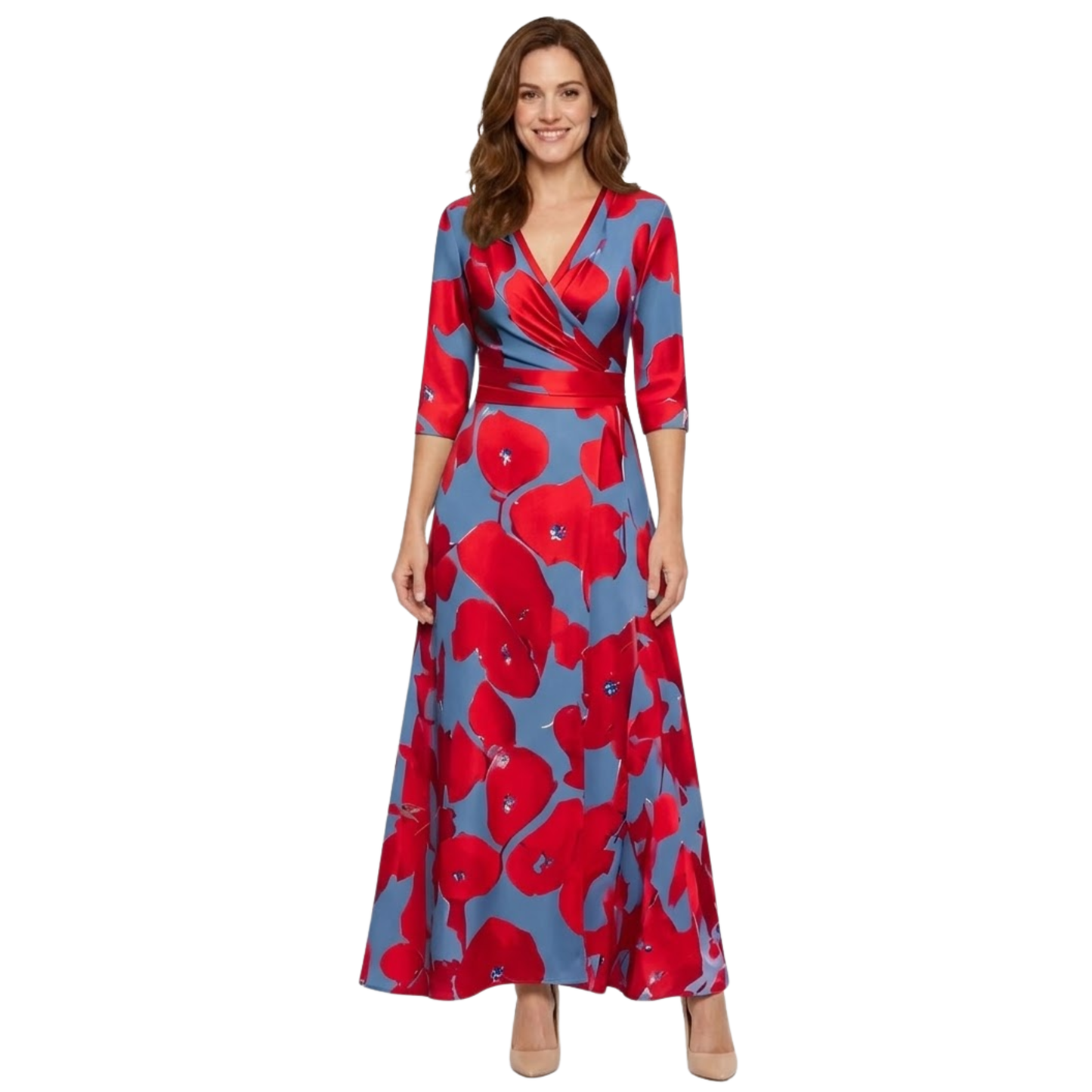 Long Floral Dress with V-Neck, Long Sleeves, and Flowing Fit