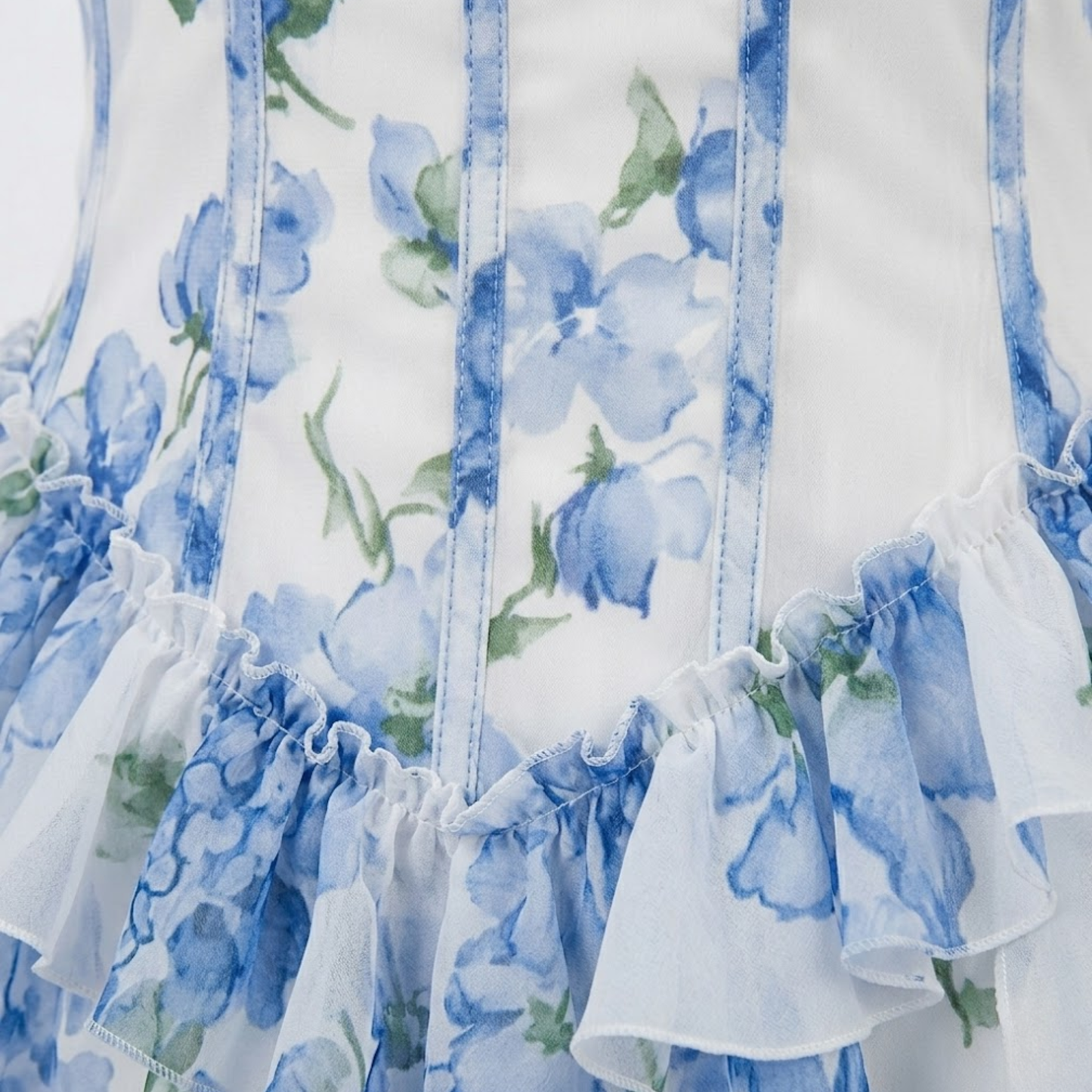 Long Floral Ruffled Dress with Corset Bodice and Thin Straps