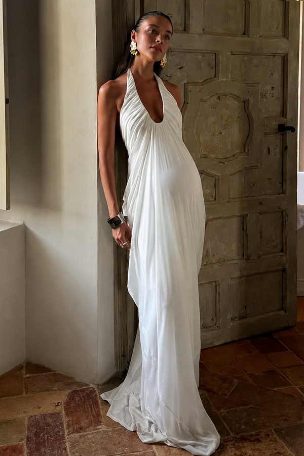 Long Pleated Maternity Dress with Open Back