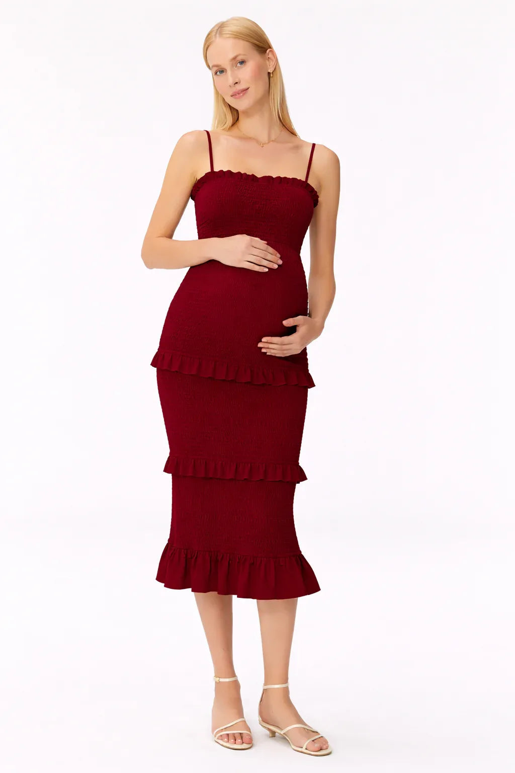 Midi maternity smocked dress with ruffles