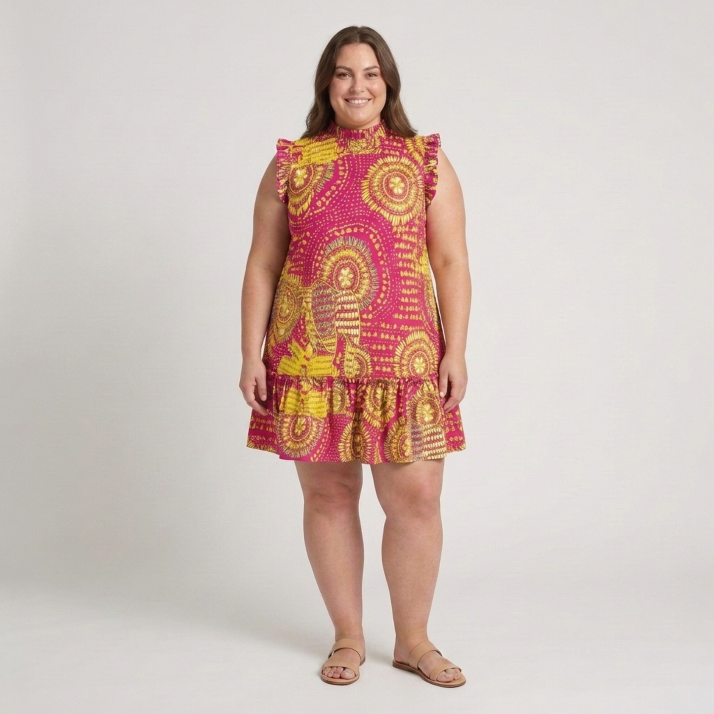 Plus size mid-length dress for women with round neckline and gathered hem