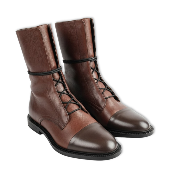 Mid-calf women's ankle boots with two-tone laces, reinforced toe, and rubber sole