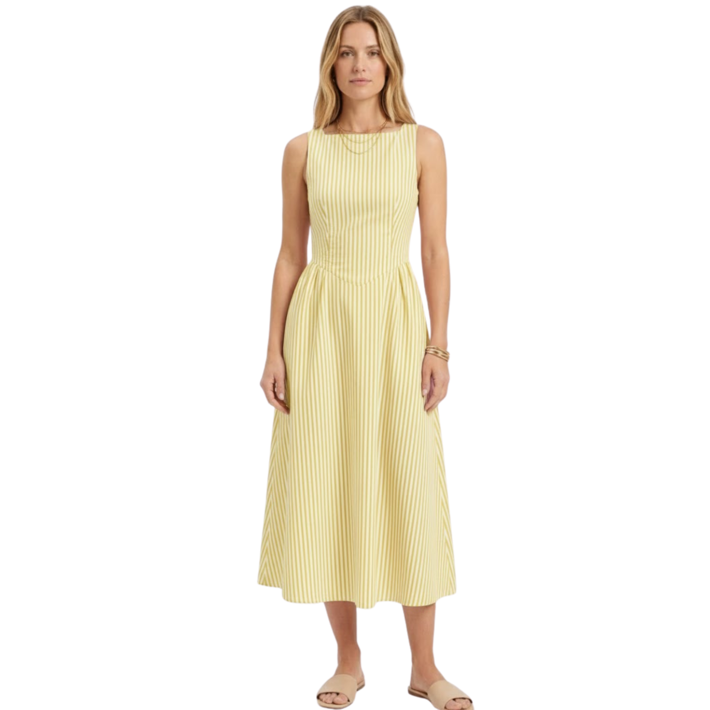 Sleeveless Long Dress with Vertical Stripes and High Collar for Women