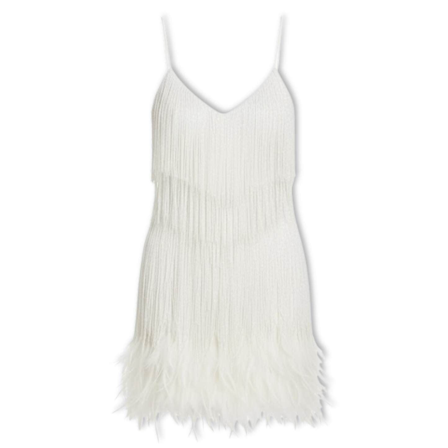 Evening gown with sequins and feathers, V-neckline, and thin straps