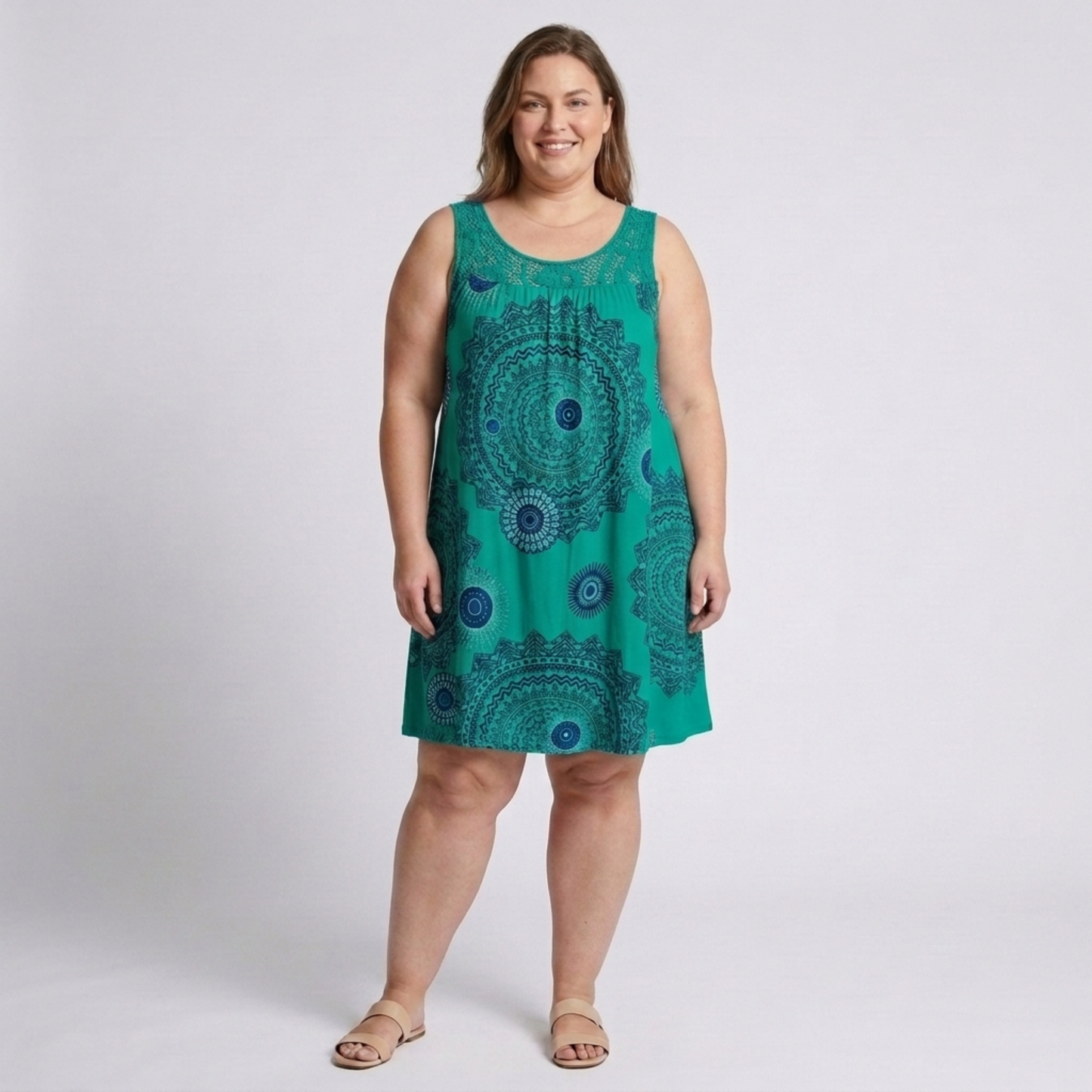 Plus Size Women's Summer Dress in Vintage Printed Cotton with Lace Details