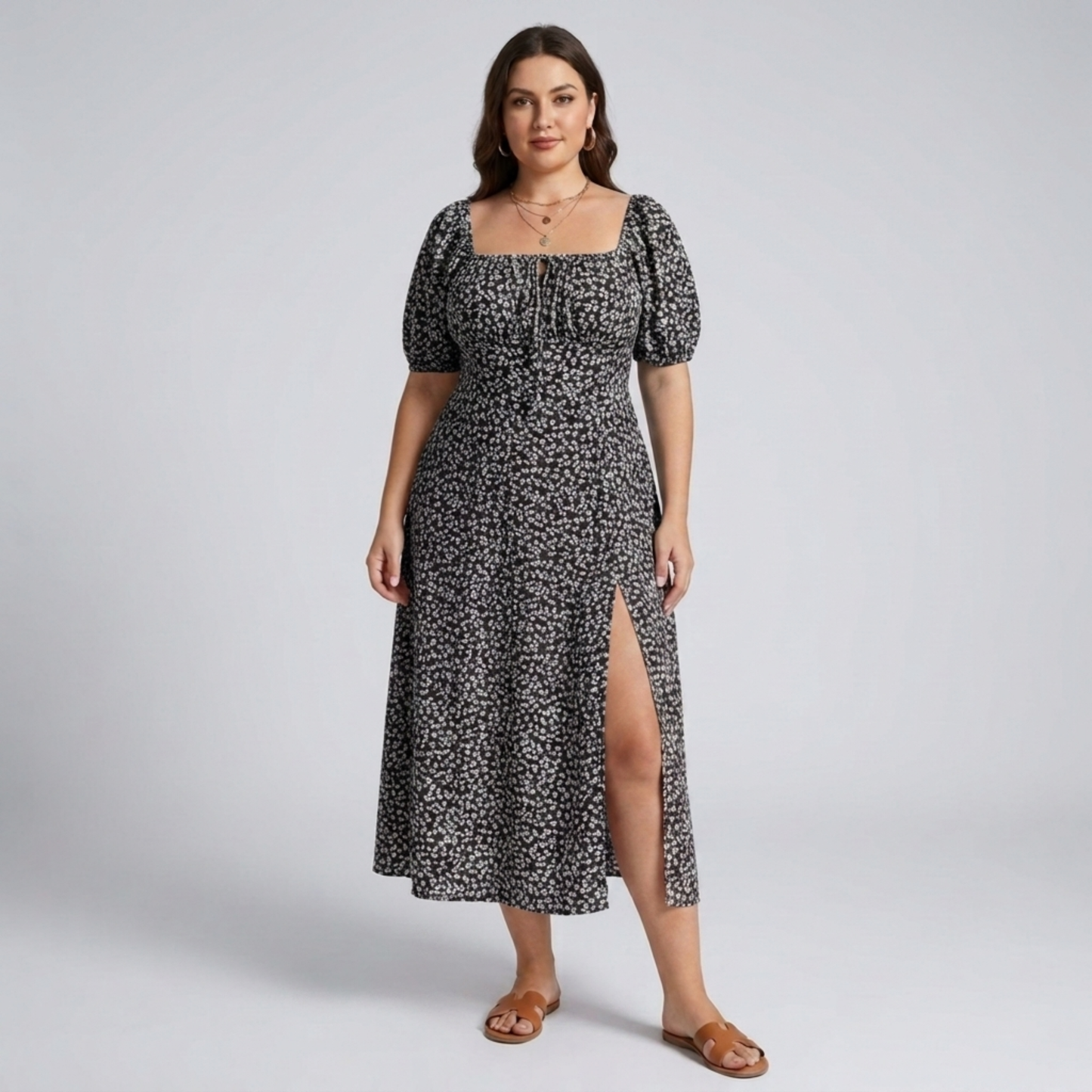 Plus size long dress with puff sleeves and print