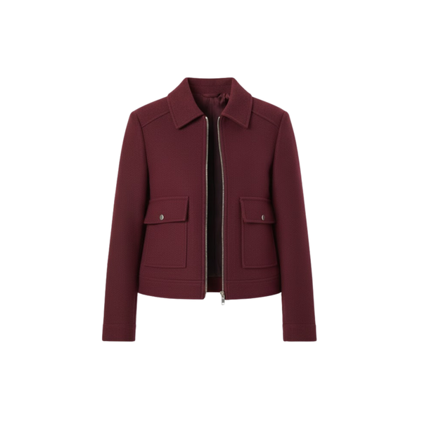 Women's short double-breasted jacket with tailored collar, stylish structured casual design