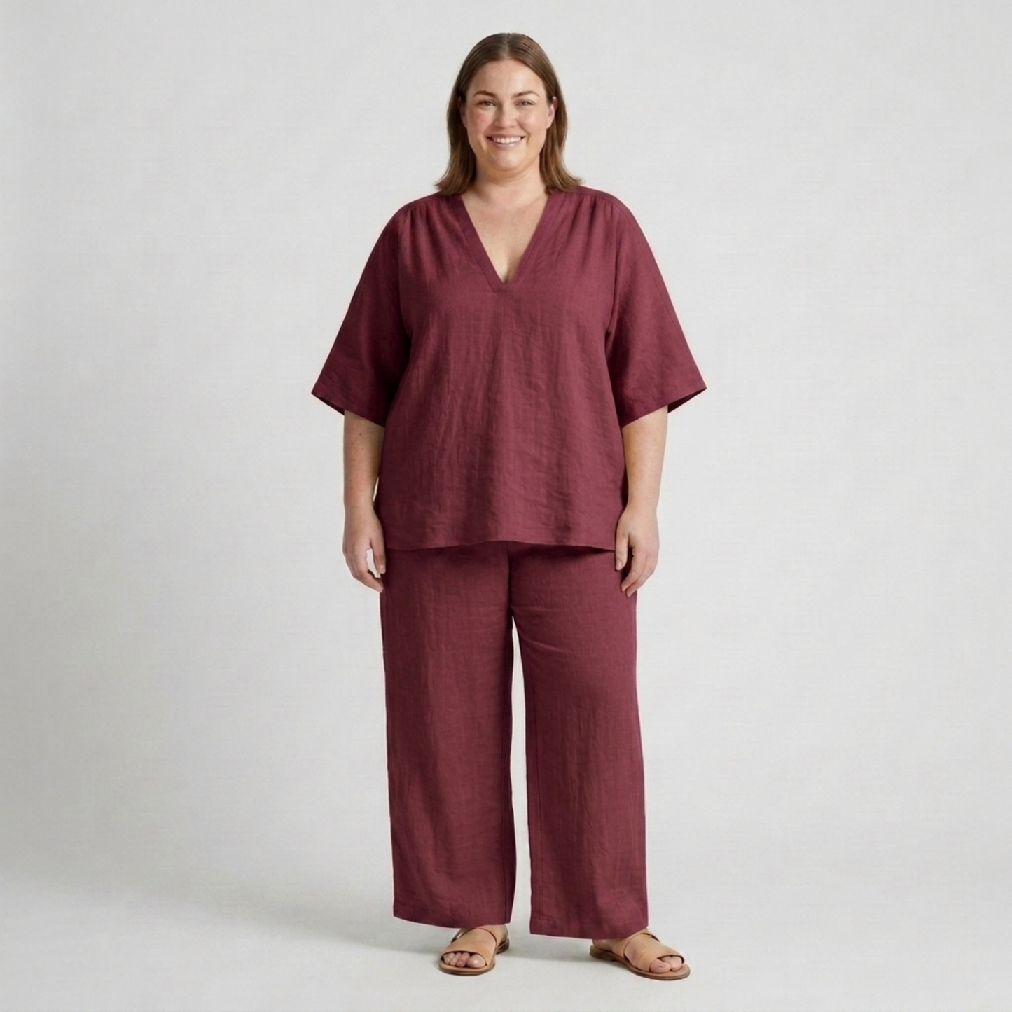 Plus size two-piece set for women with loose V-neck top and flowy pants