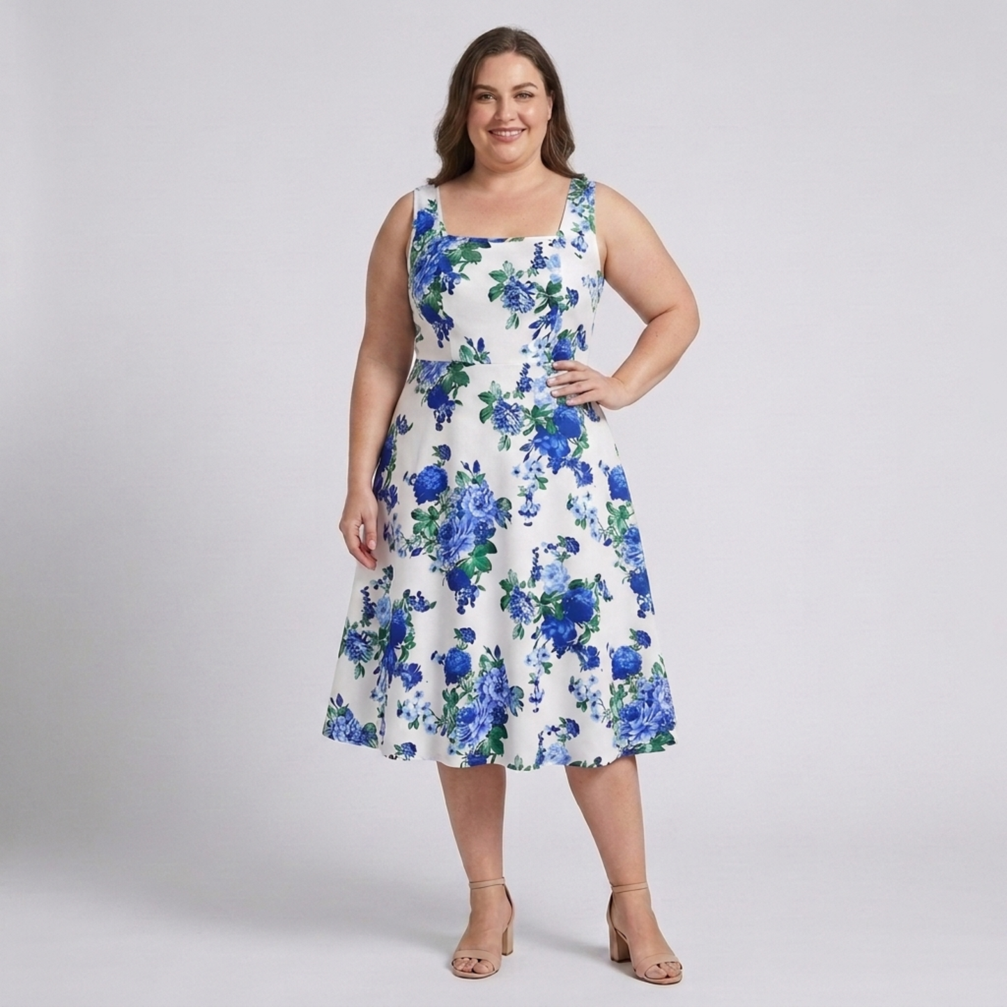 Plus size flared dress for women with square neckline