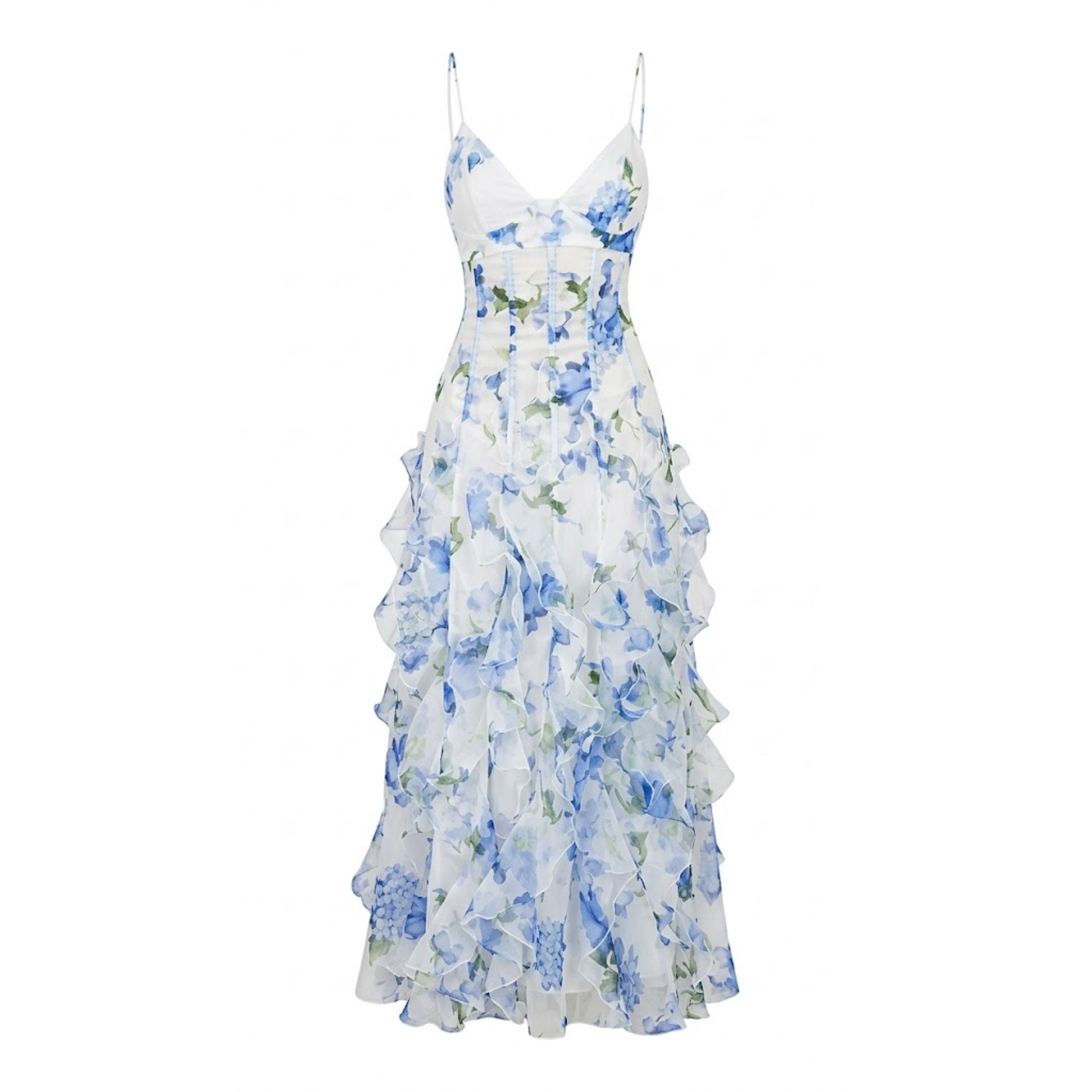 Long Floral Ruffled Dress with Corset Bodice and Thin Straps