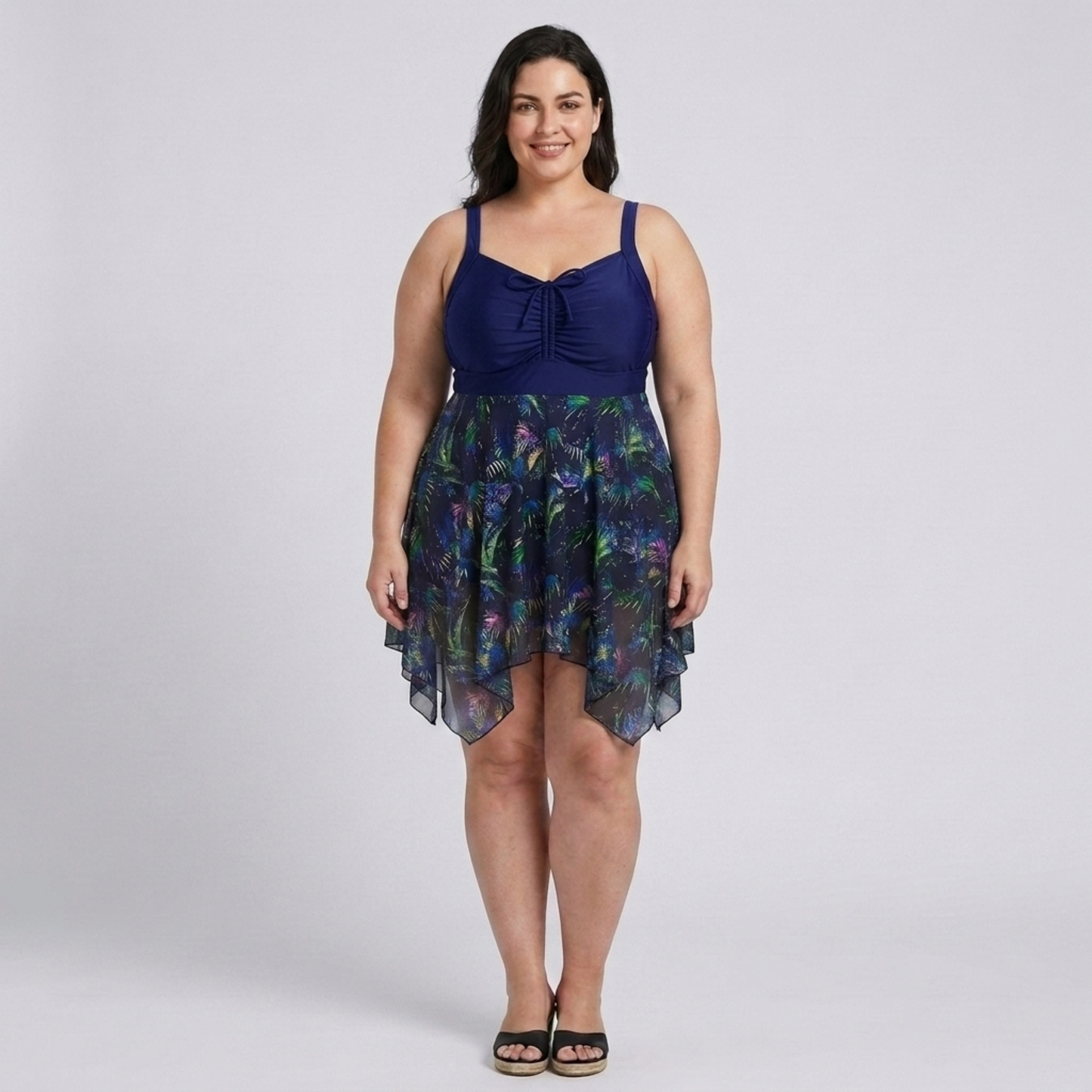Plus Size Women's Swimsuit Dress with Printed Integrated Skirt