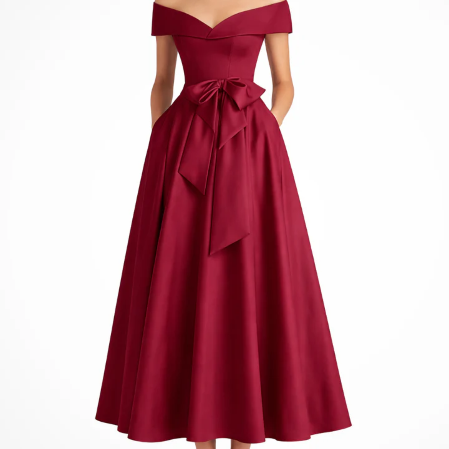 Midi Flared Wedding Guest Dress with Off-Shoulder and Waist Bow