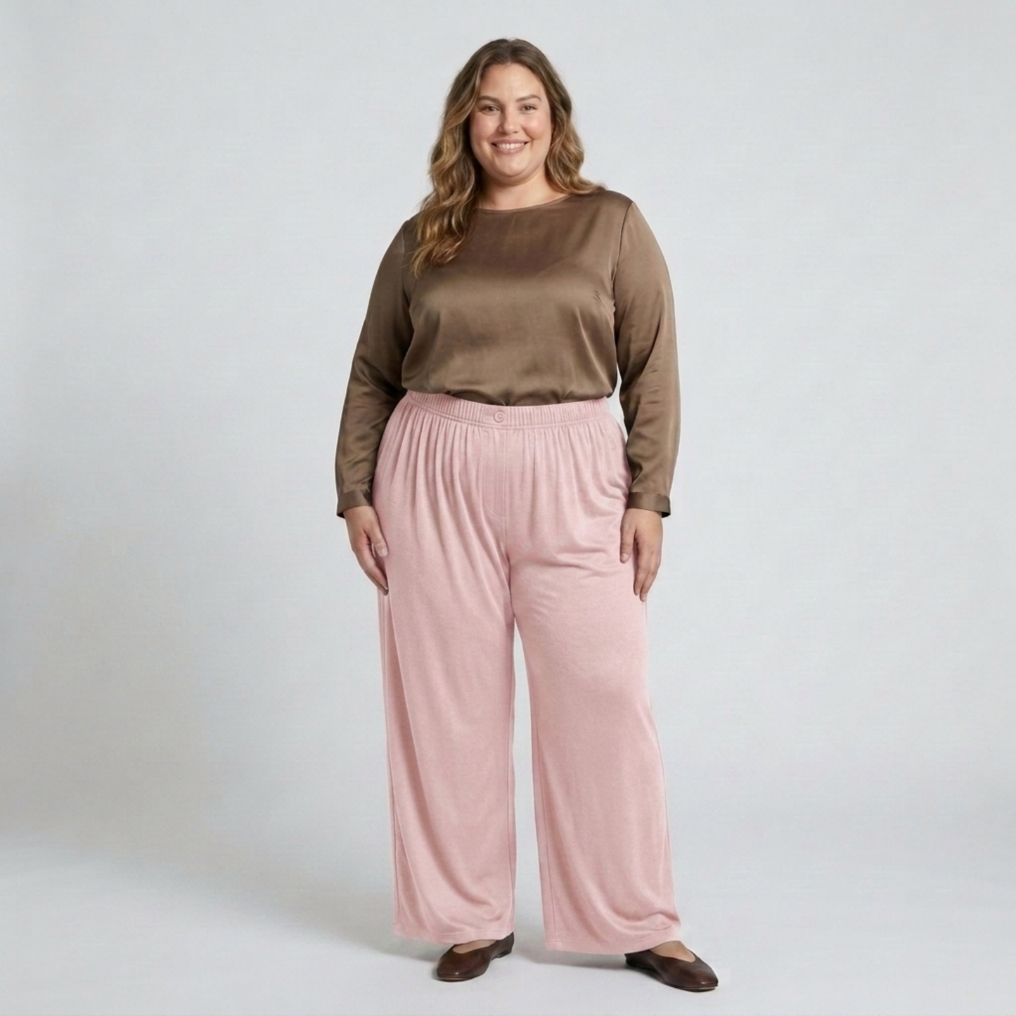 Wide large size pants for women with elastic draped fluid waist