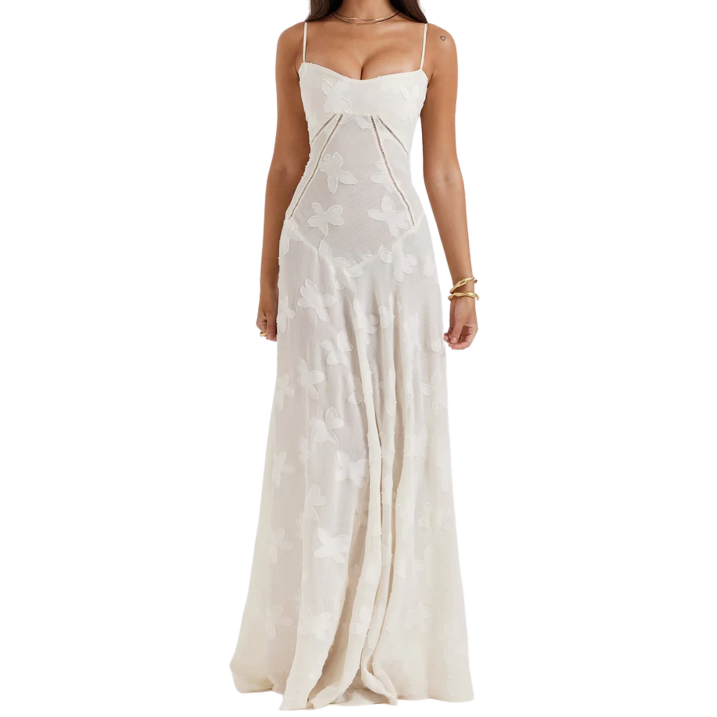 Long Evening Dress with Floral Embroidery Bustier and Flared Cut for Women