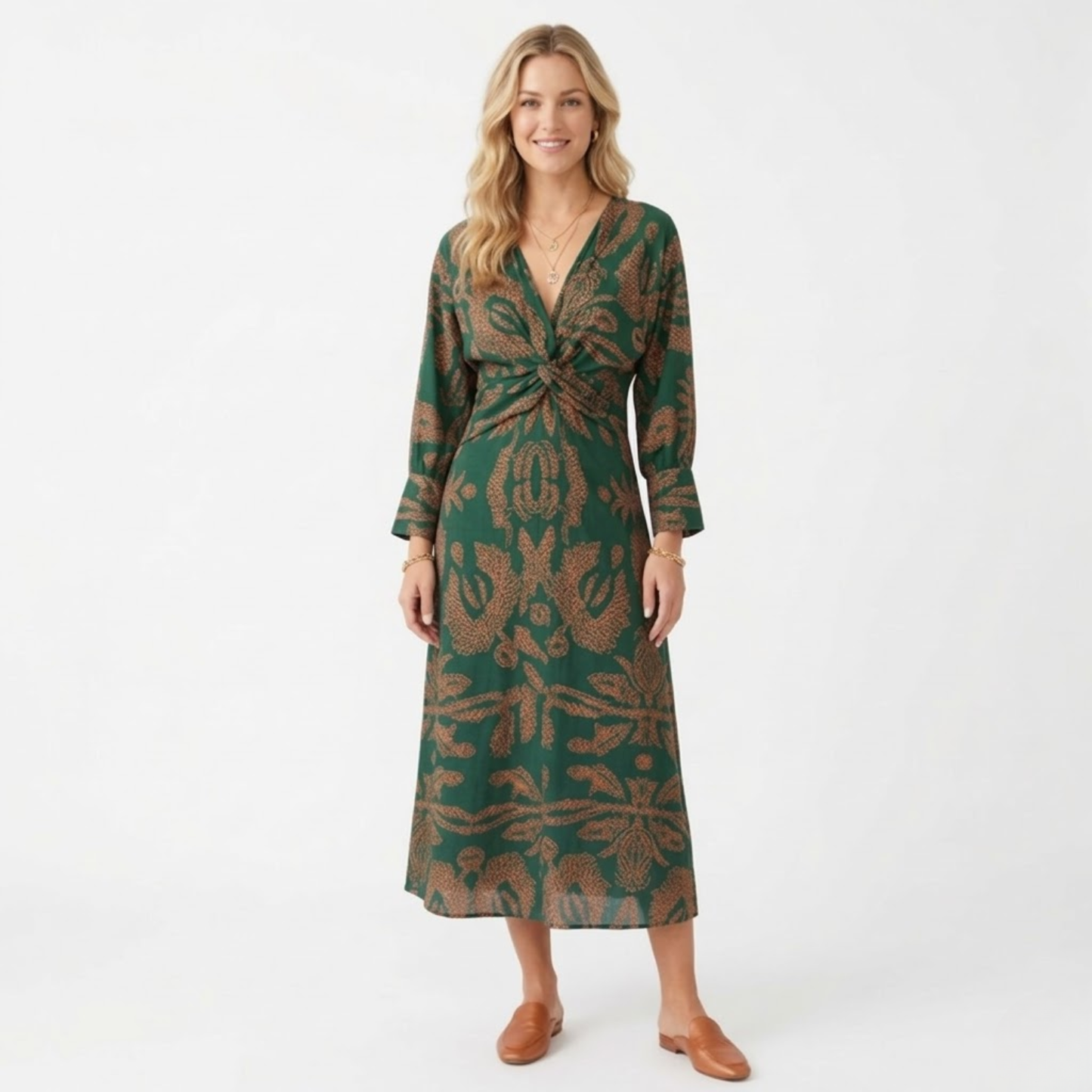 Long-Sleeve Midi Dress with Front Bow and Print for Women