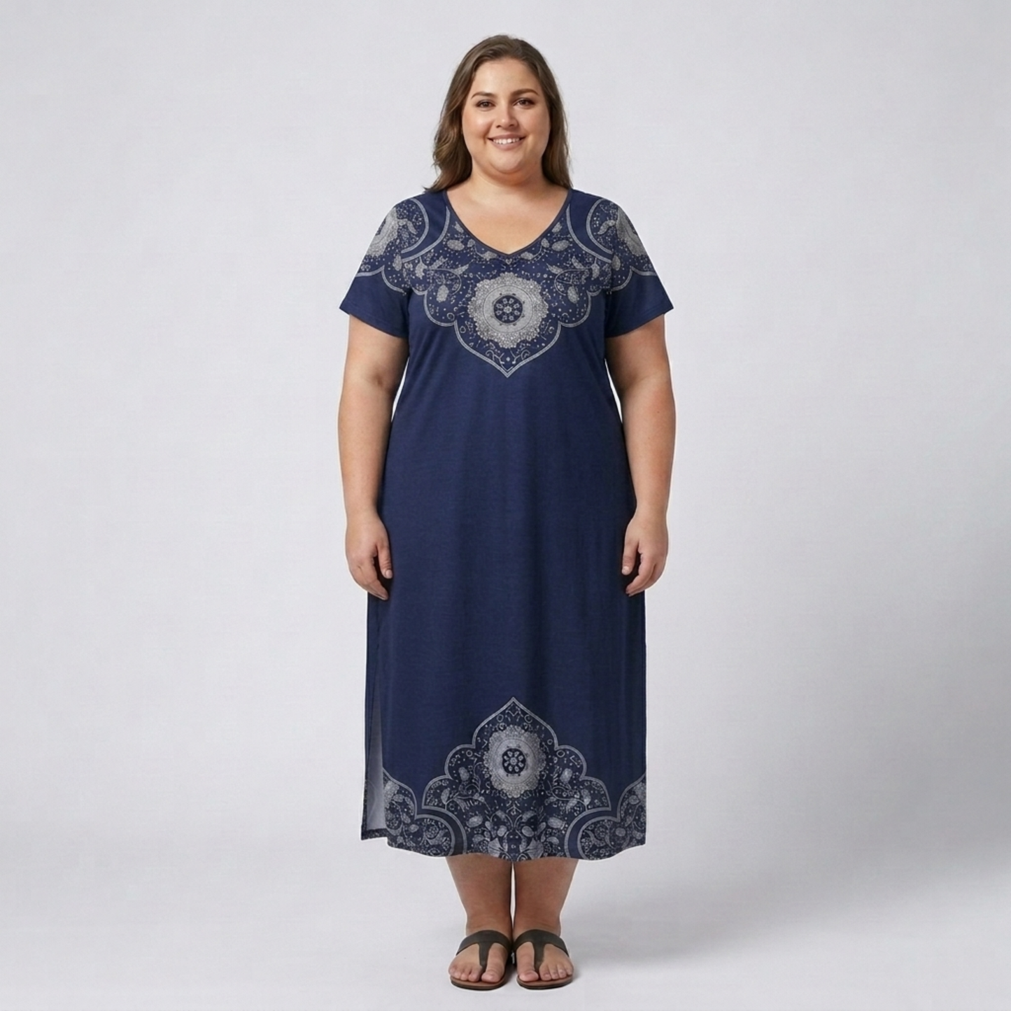 Plus size long dress for women with printed V-neck collar