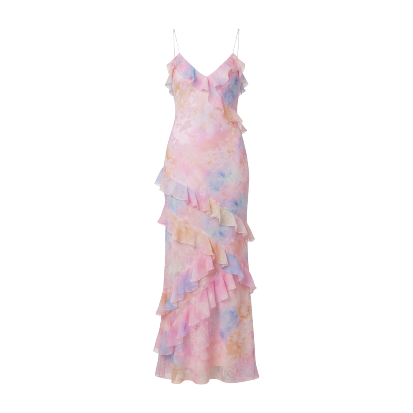 Long Floral Ruffle Dress with V-Neck and Thin Straps