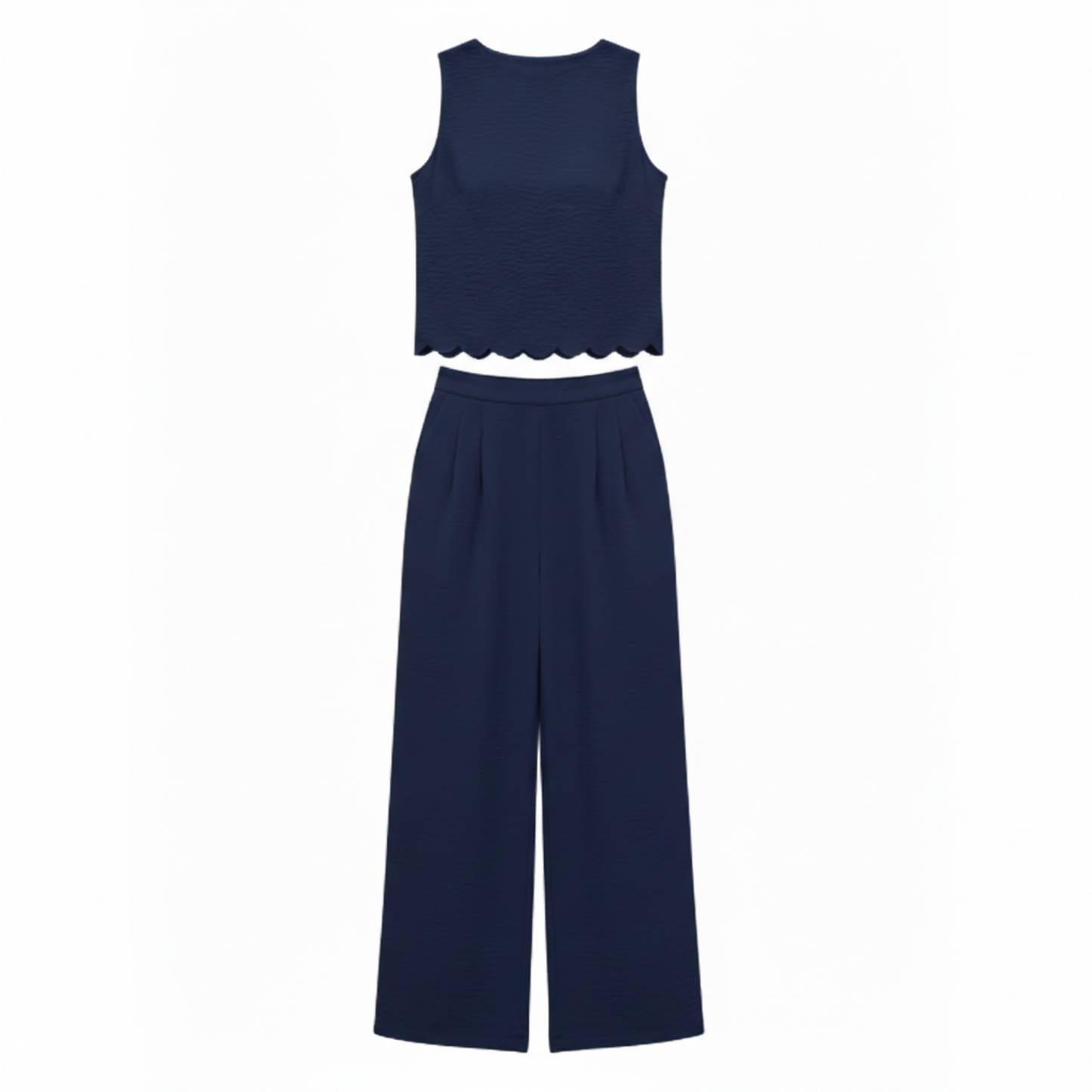 Two-piece women's set: sleeveless top with scalloped edge and wide ankle-length pants