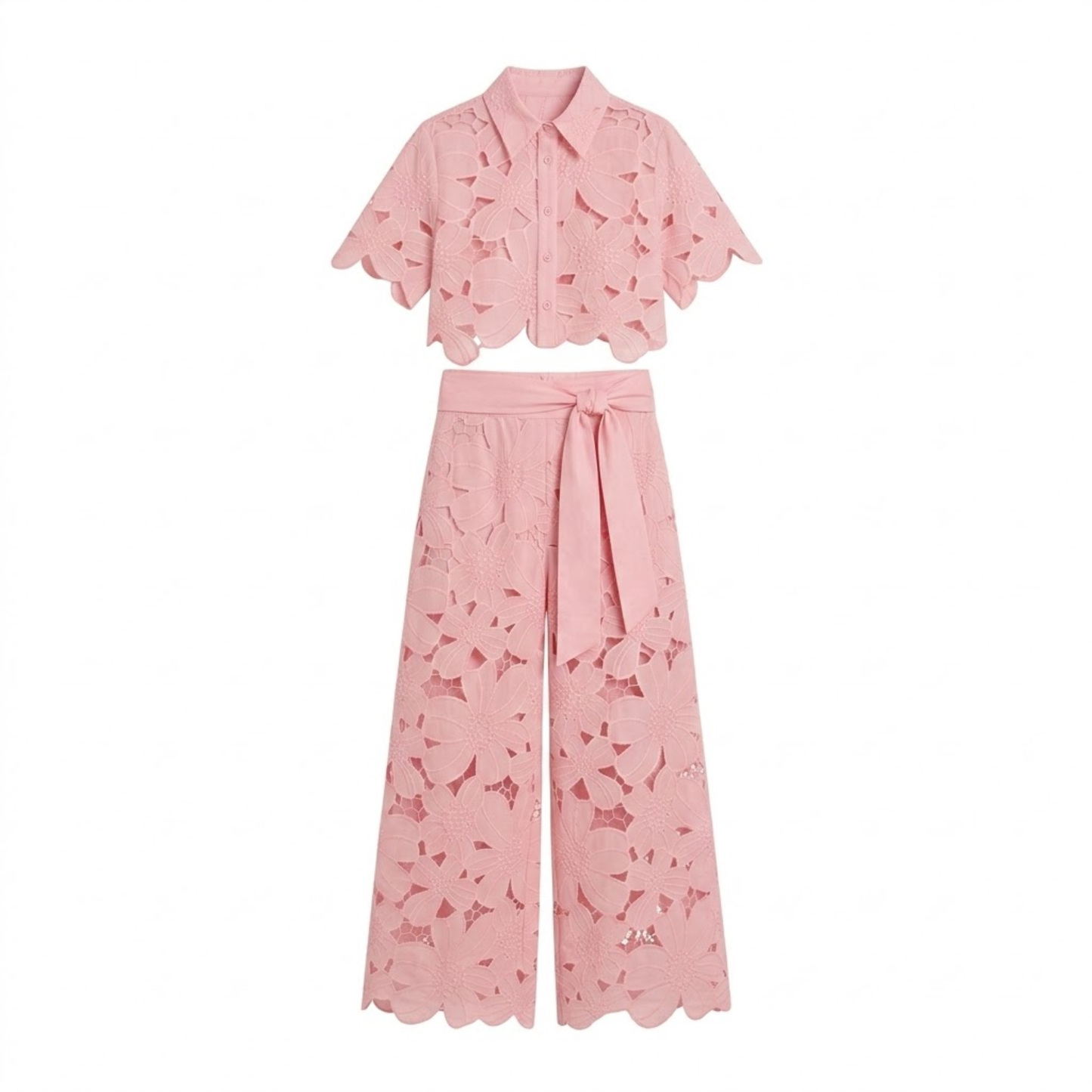 Women's Two-Piece Set with Lace Crop Top and Wide-Leg Pants