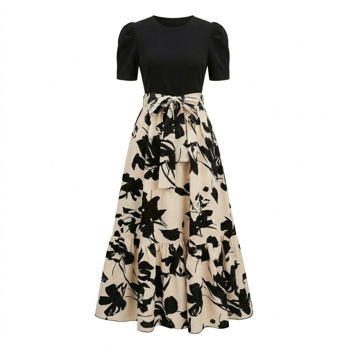 Floral Print Long A-Line Dress with Belt and Puff Sleeves