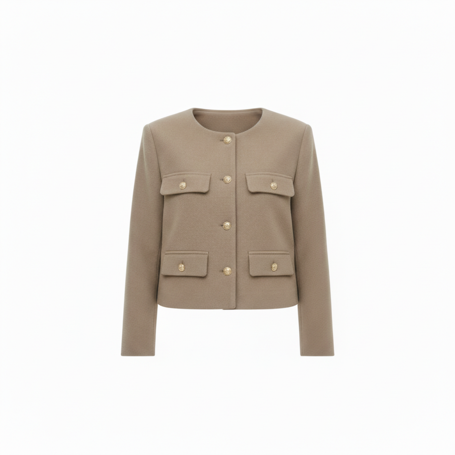 Polyester Round Neck Jacket with Gold Buttons and Pockets for Women