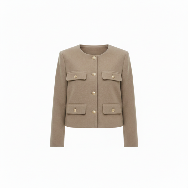 Polyester Round Neck Jacket with Gold Buttons and Pockets for Women