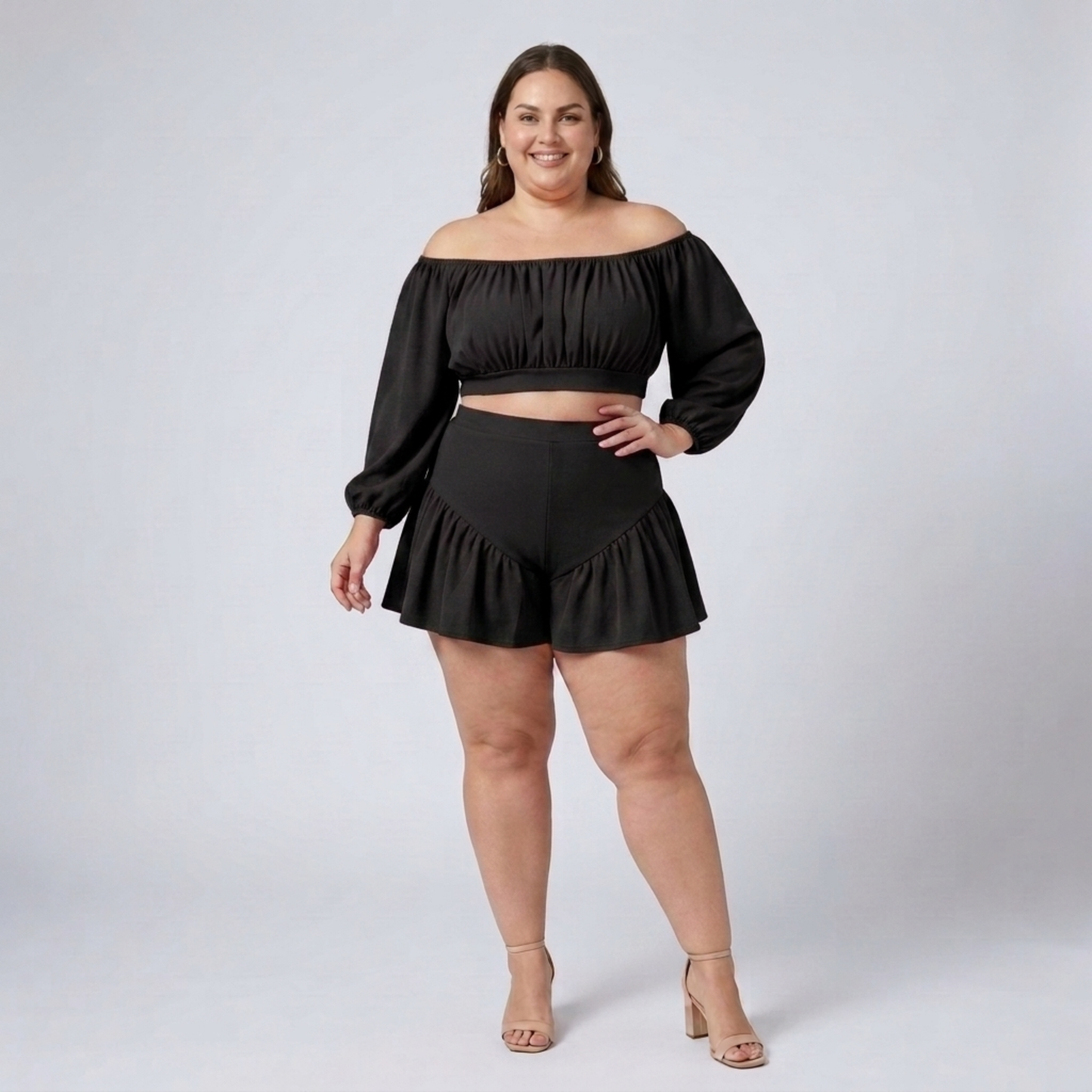 Plus size off-shoulder top and ruffled shorts set