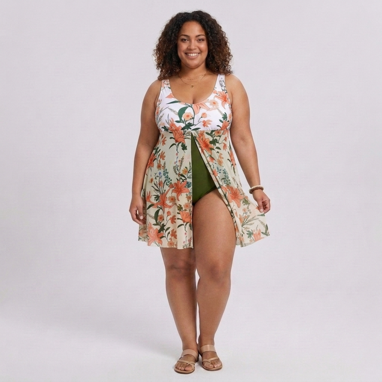 Plus Size One-Piece Swimsuit for Women with Integrated Floral Print Sarong