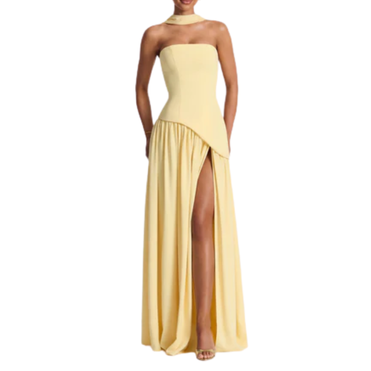 Long evening gown — scarf neckline and pleated slit skirt | ceremony