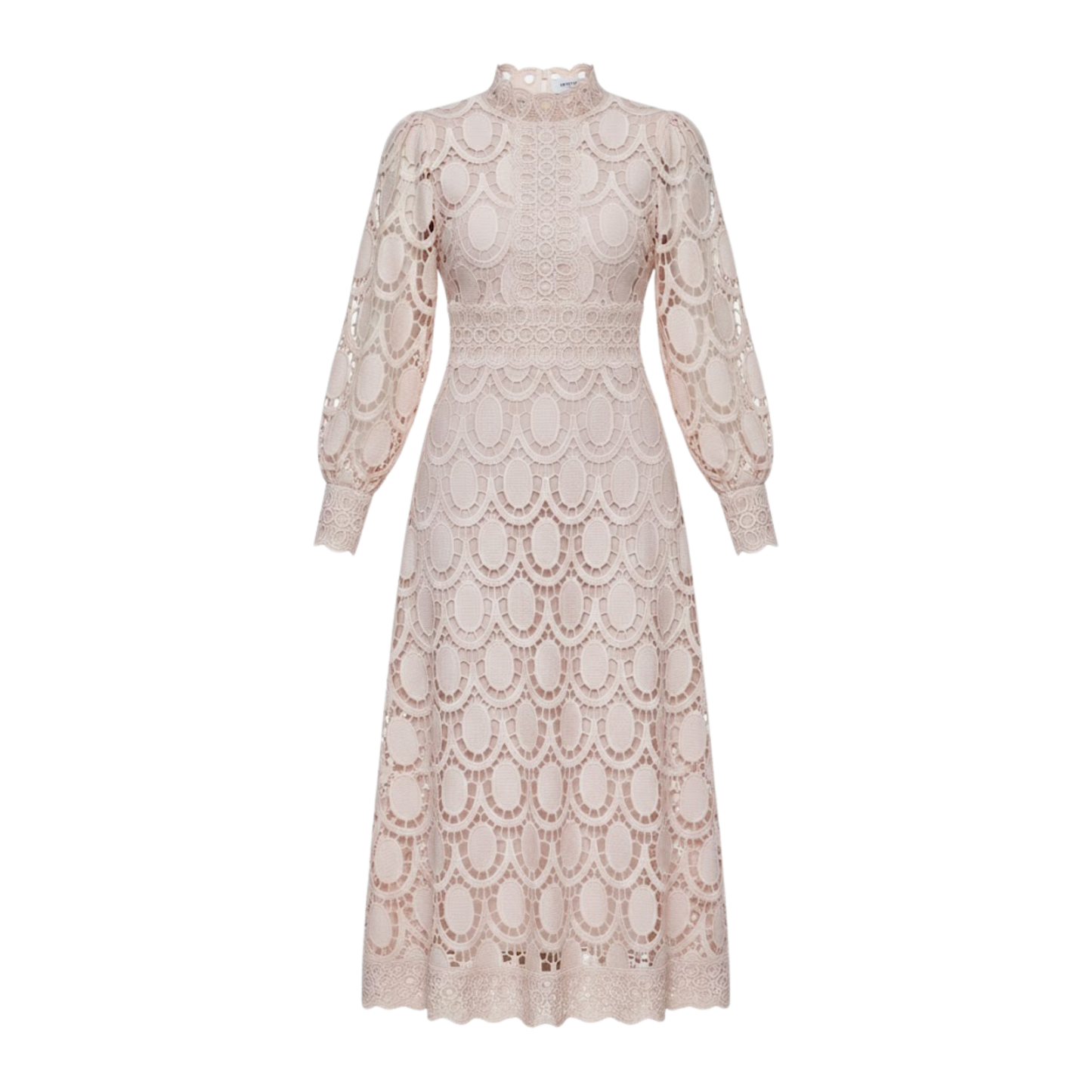 Long Lace Dress with Puff Sleeves and High Collar