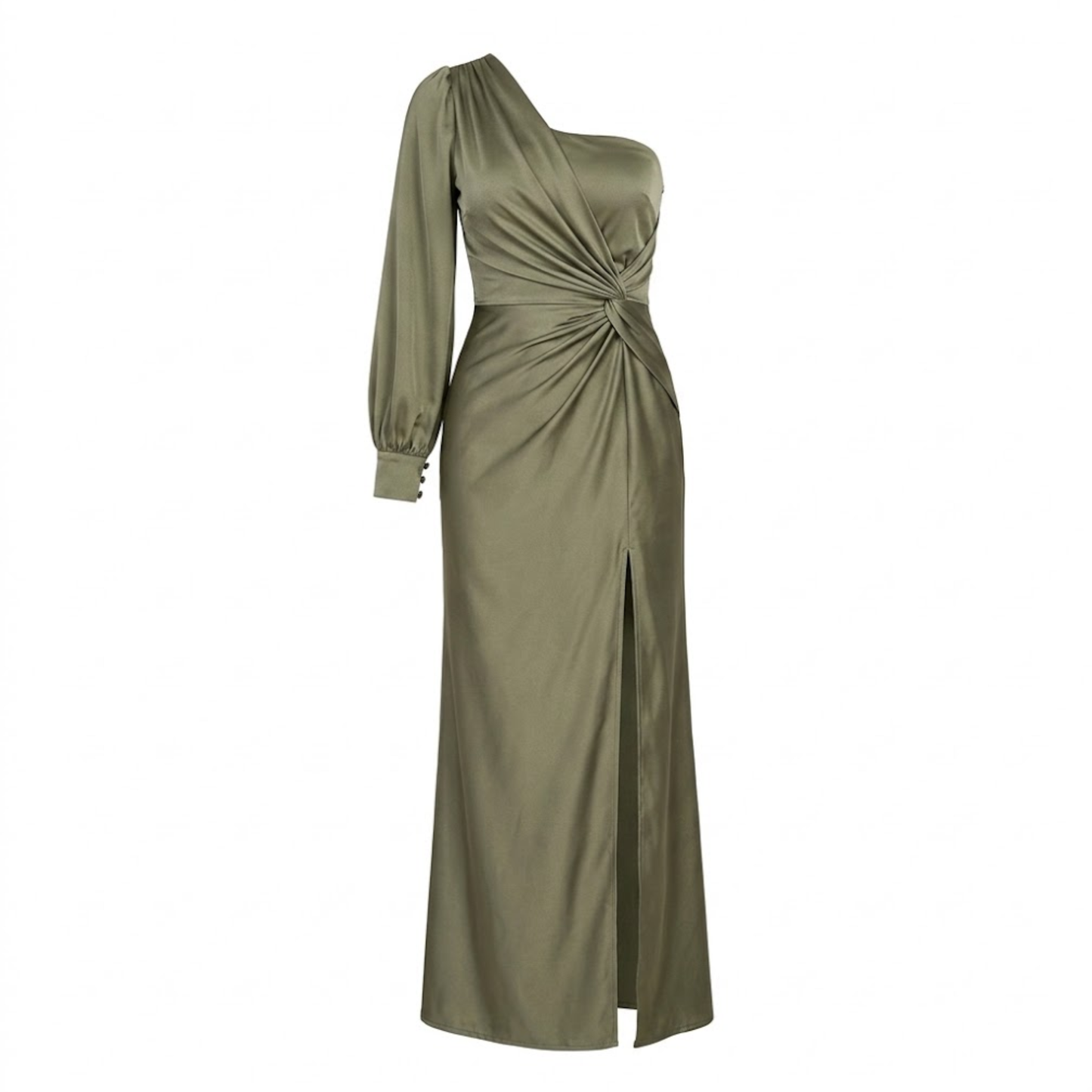 Satin Long Dress with Off-Shoulder, Draped Bow, and Side Slit