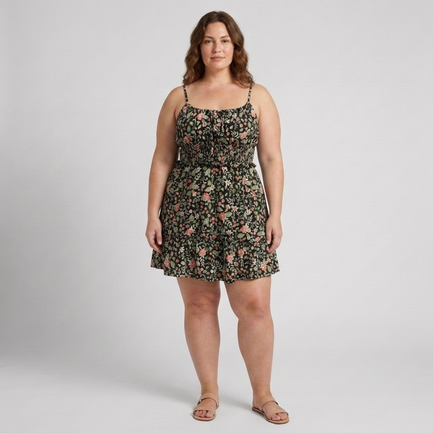 Plus Size Women's Flared Summer Dress with Floral Print and Straps