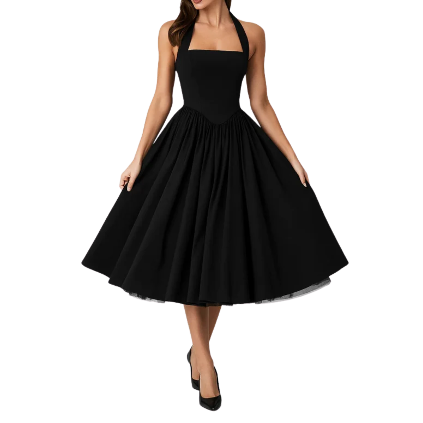 Women's midi halter dress — backless and full skirt — wedding and ceremony