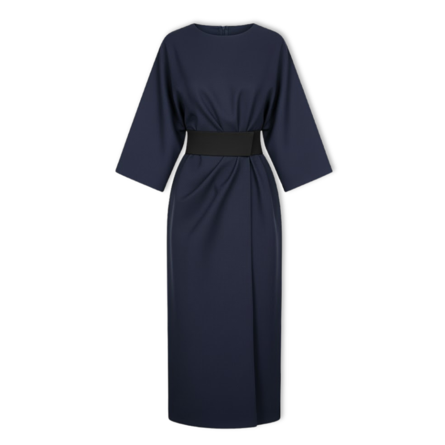 Long women's dress with batwing sleeves and a fitted waist, flowing silhouette