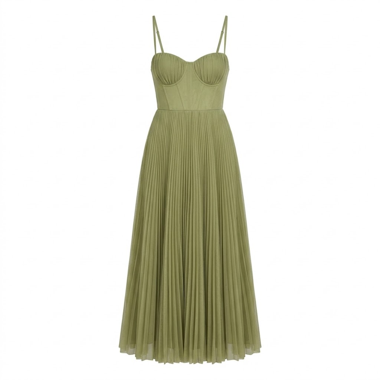 Pleated Long Evening Dress with Strappy Bustier and Back Zipper Closure