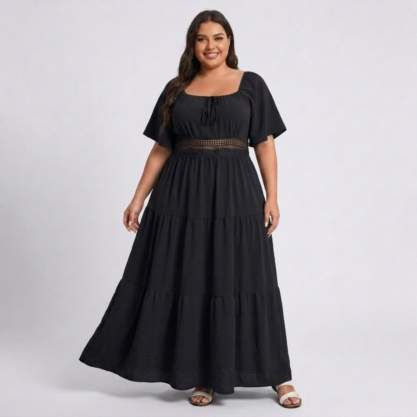 Plus Size Long Printed Country-Style Dress with Square Neck and Butterfly Sleeves