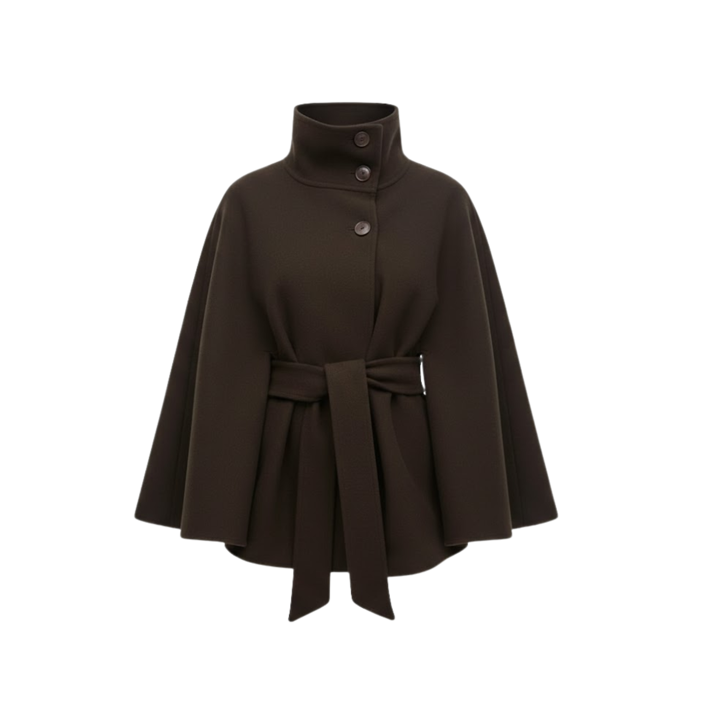 Structured cape coat with belt and standing collar