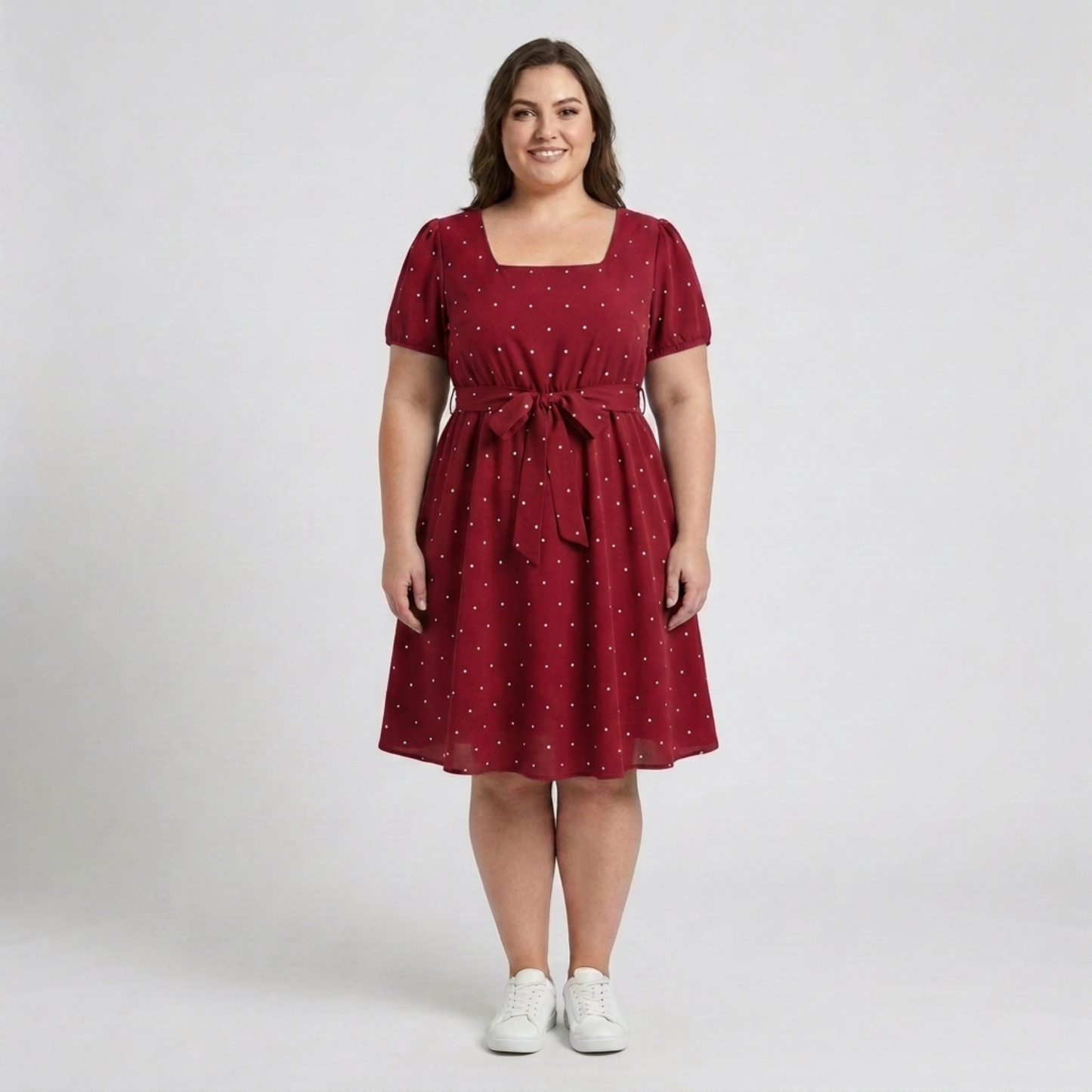 Plus Size Polka Dot Skater Dress for Women with Square Neck and Puff Sleeves