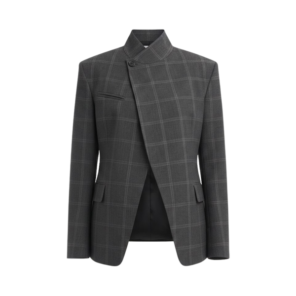 Short jacket with tartan pattern for women with stand-up collar and split sleeves