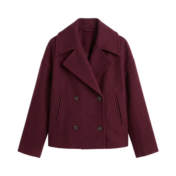 Short wool coat for women with double-breasted front and relaxed lapel collar
