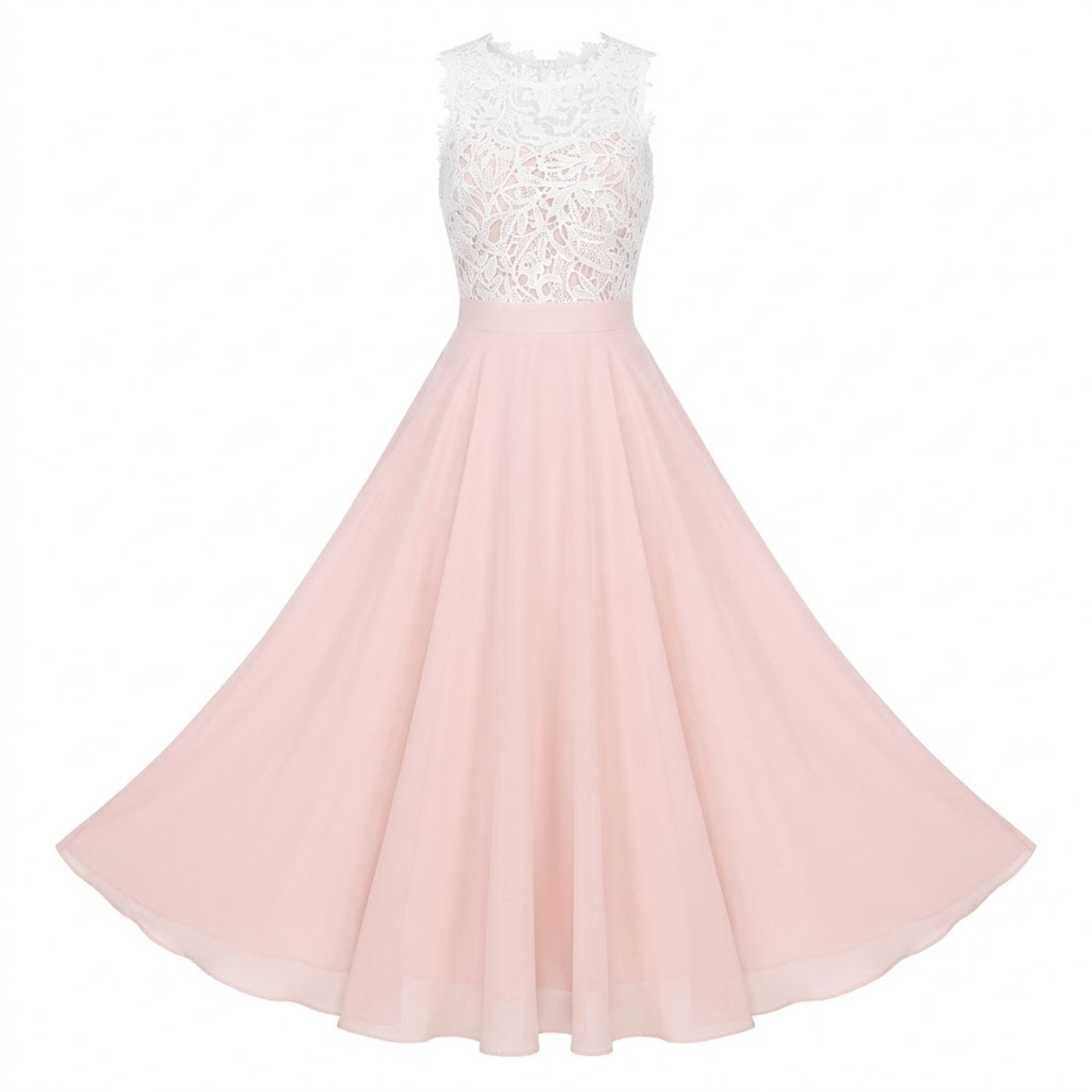 Sleeveless Long Evening Dress in Lace and Chiffon with Crocheted Bodice