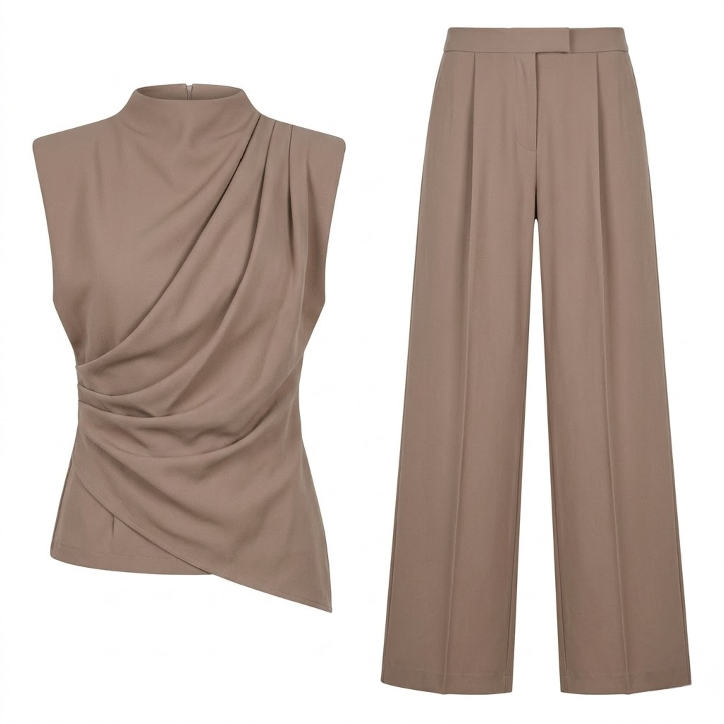 Women's Two-Piece Set with Draped Sleeveless Top and Wide-Leg Flowing Pants