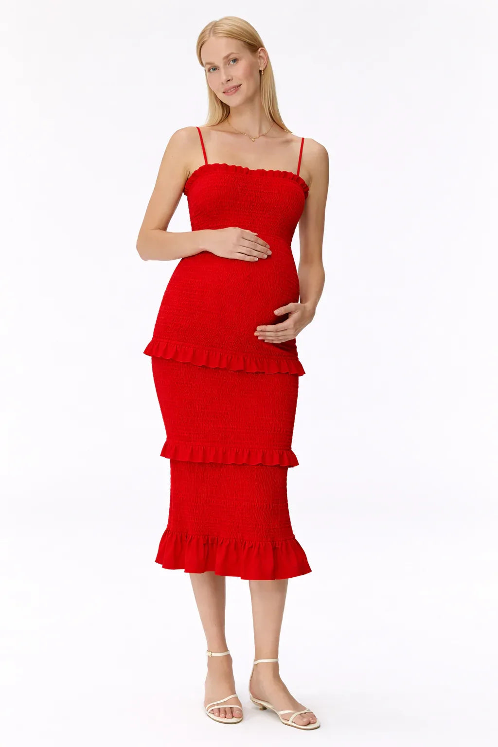 Midi maternity smocked dress with ruffles