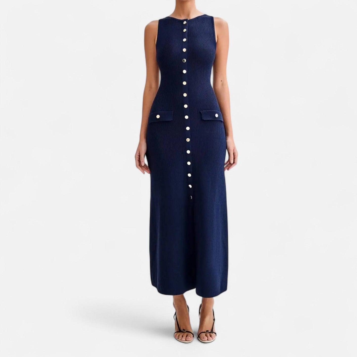 Ancient World | Long Knit Dress with Buttons for Women – Sleeveless Summer Elegance