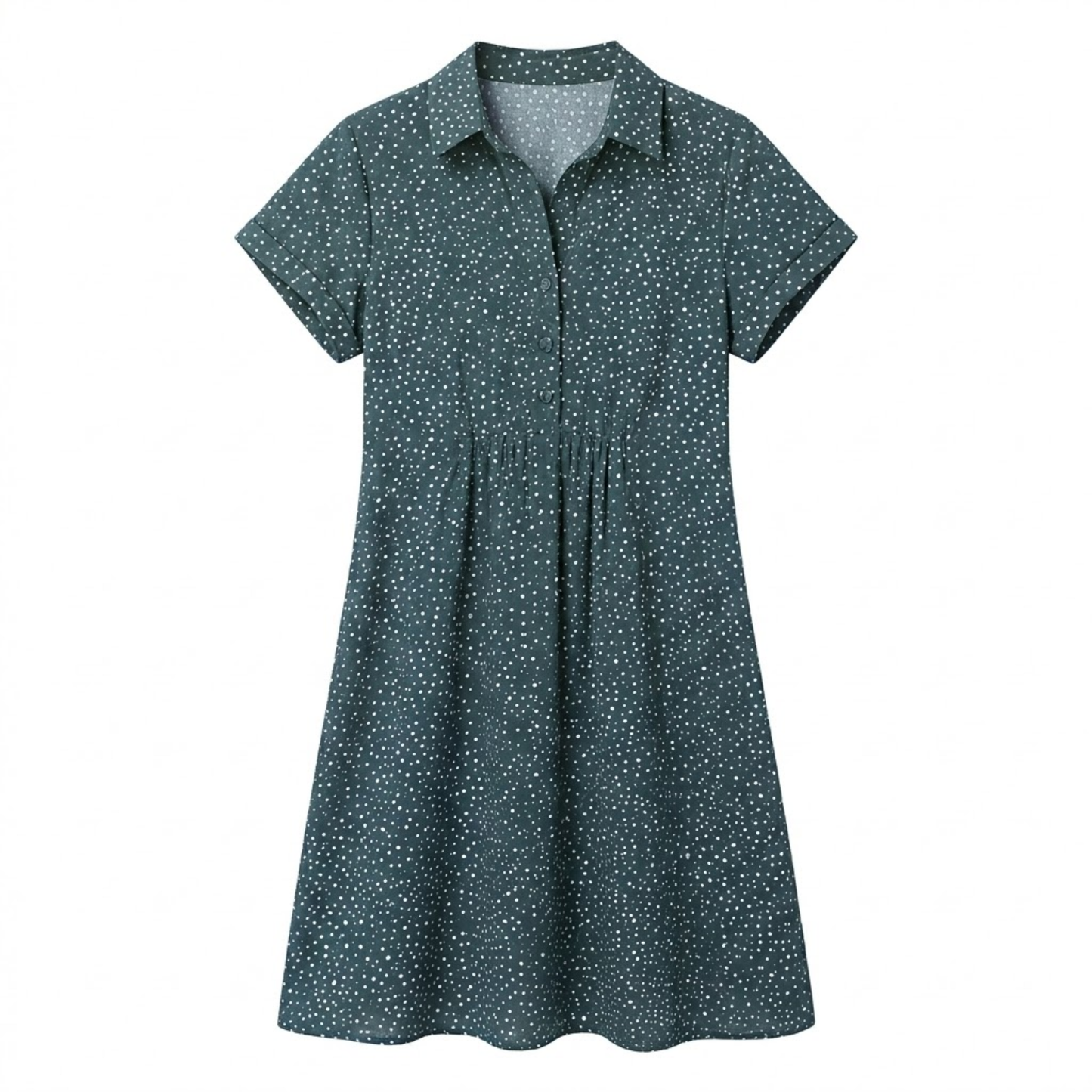 Mid-Length Printed Summer Dress with Round Neck and Short Sleeves in Polyester for Women