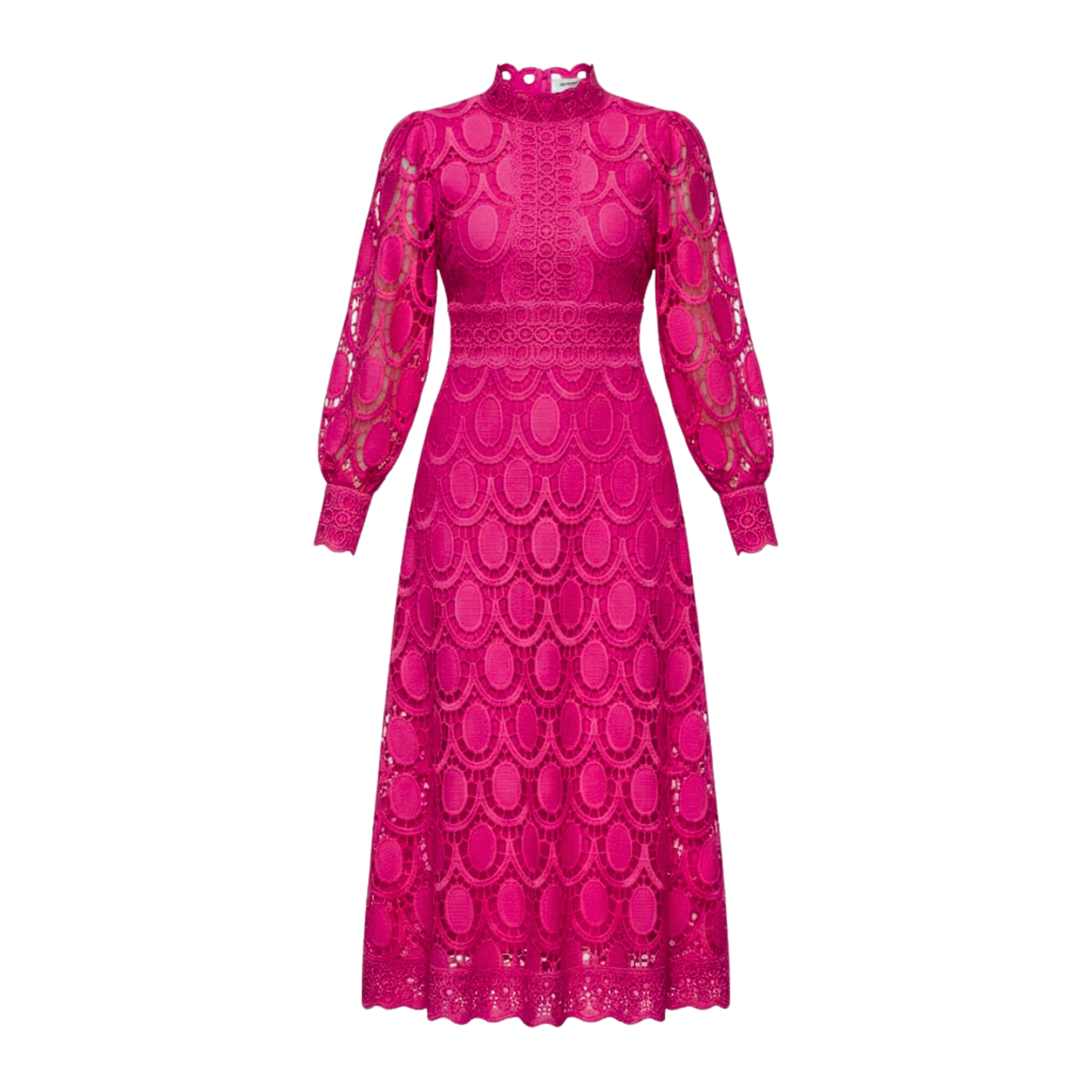 Long Lace Dress with Puff Sleeves and High Collar
