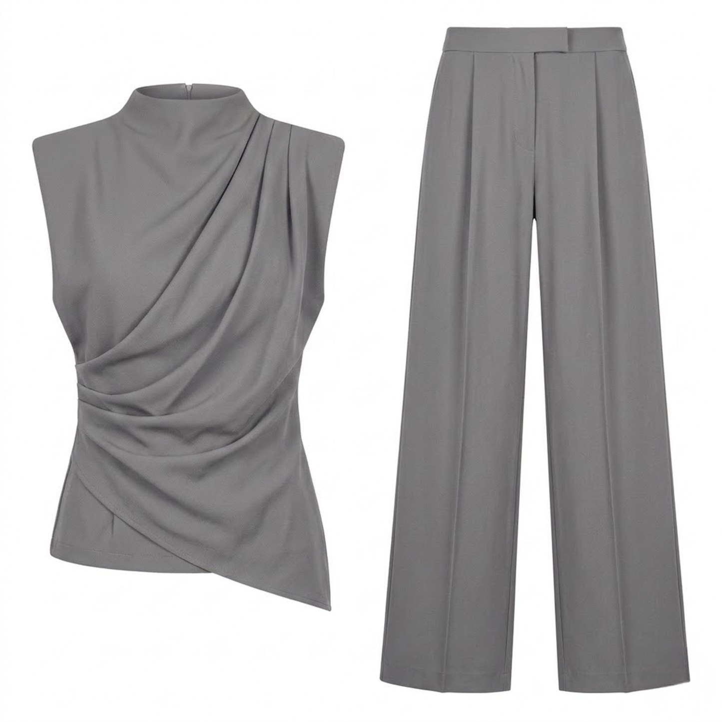 Women's Two-Piece Set with Draped Sleeveless Top and Wide-Leg Flowing Pants